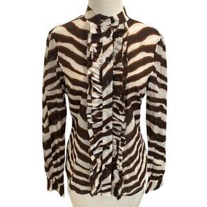 Michael Michael Kors Designer Ruffle Front Button Up Tiger Stripe Blouse Size 4
